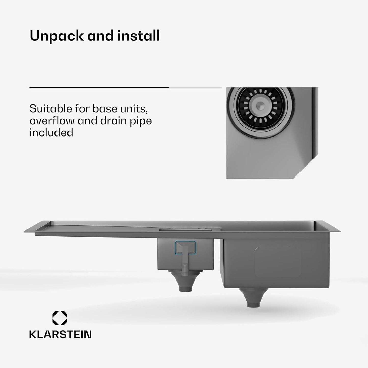 Klarstein - Keukenspoelbak van roestvrij staal, 100 x 45 cm - 1 wastafel met overloop en 2 wastafels - wastafelstop en filter inbegrepen - Robuust en gemakkelijk te reinigen