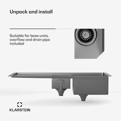 Klarstein - Keukenspoelbak van roestvrij staal, 100 x 45 cm - 1 wastafel met overloop en 2 wastafels - wastafelstop en filter inbegrepen - Robuust en gemakkelijk te reinigen