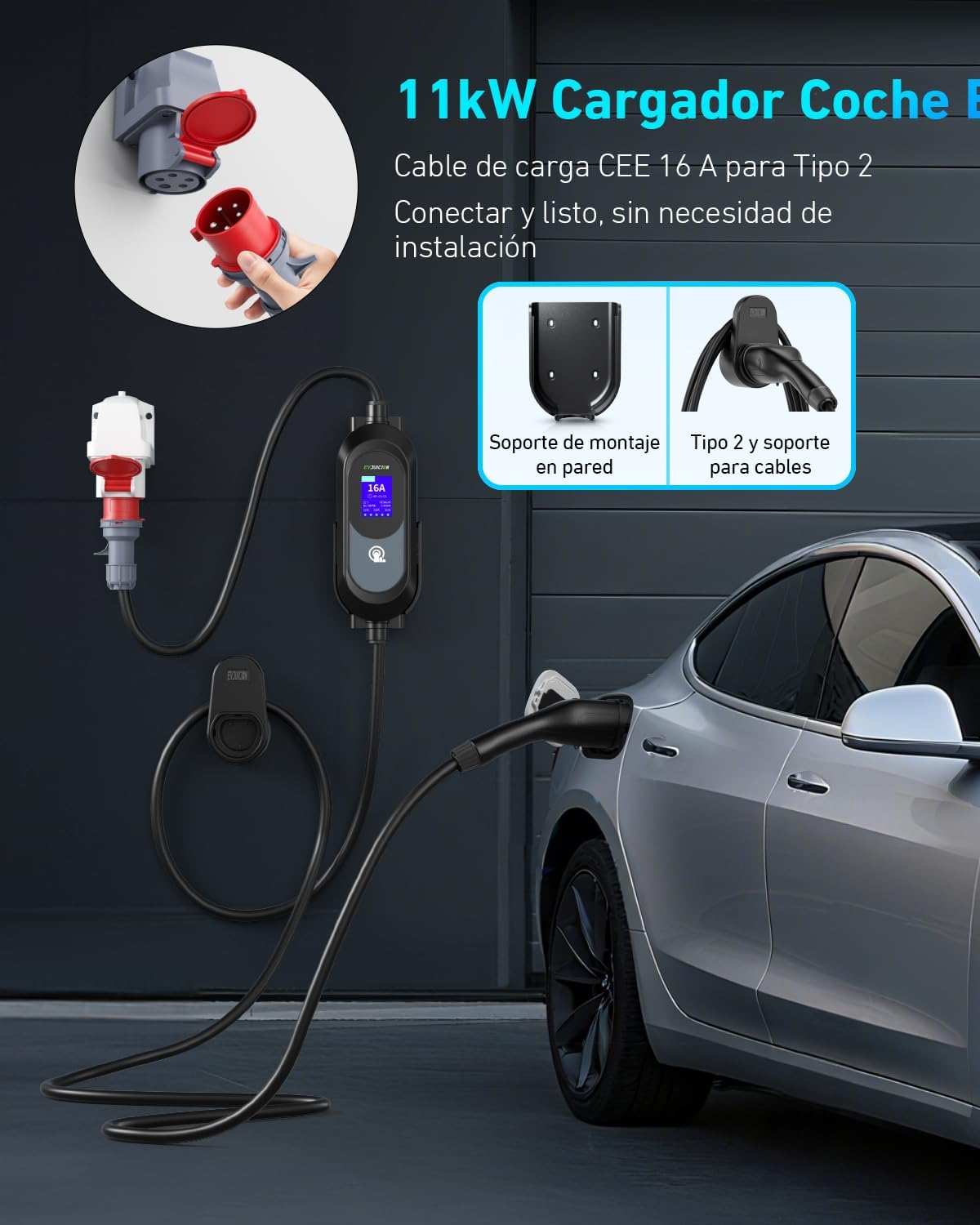 EVJUICION Mobiele Wallbox 11kW 8M [3-fasen 6A-16A IP67] Type 2 oplaadkabel 11kW CEE 16A naar Type 2, EV-oplader met 2,4'' LCD-scherm en kabelhouder, Mobiele laadstation Geprogrammeerde oplaadtijd 0