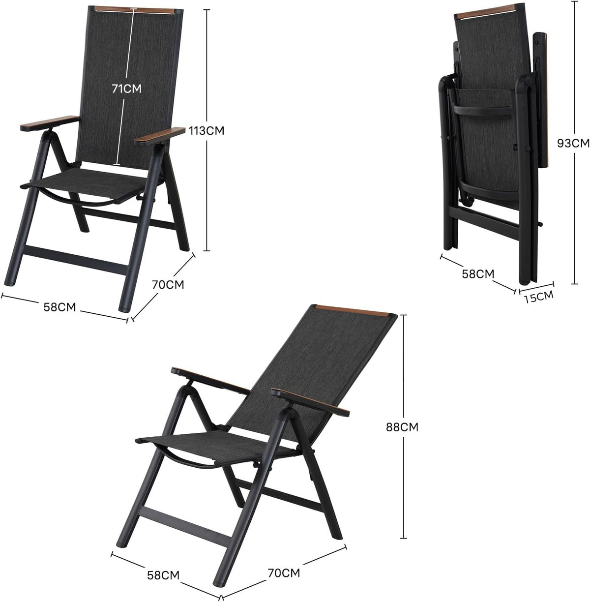 Grand patio Tuinklapstoel, ligstoel, balkonstoelen, tuinstoelen, set van 2, aluminium tuinstoel, inklapbaar, balkonstoel met 6 standen verstelbaar, weerbestendig, eetkamerstoel voor camping, balkon
