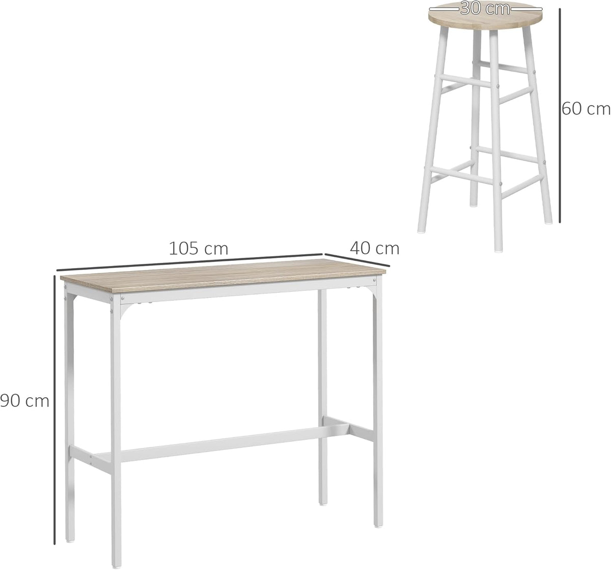 HOMCOM Bistrotafel set + 2 krukken met voetensteun, statafel, stalen frame, industrieel design, hoge keukentafel, dienblad, natuurlijke houtlook, wit