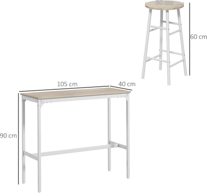 HOMCOM Bistrotafel set + 2 krukken met voetensteun, statafel, stalen frame, industrieel design, hoge keukentafel, dienblad, natuurlijke houtlook, wit