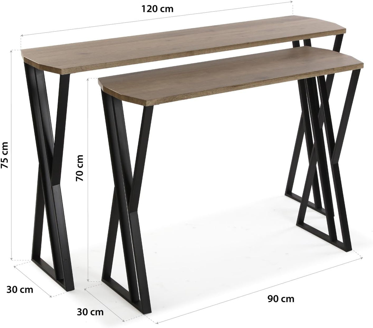 Versa Oakland Smalle hal of vestibule Entree hal meubilair, Console Tafel, Set van 2, Afmetingen (H x B x H) 75 x 30 x 120 cm, Hout en metaal, Kleur Bruin en zwart