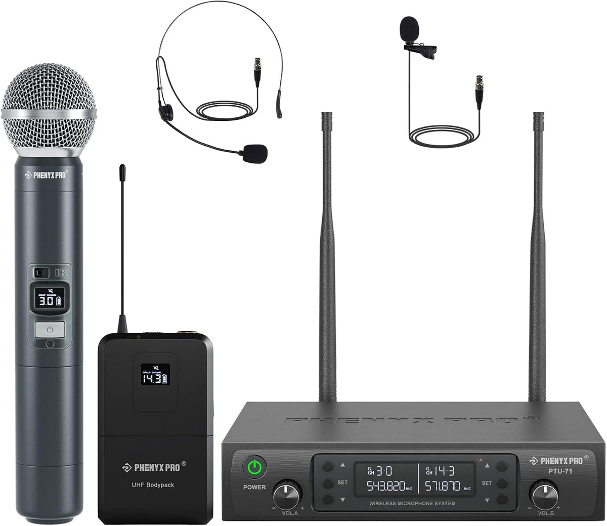 Draadloos microfoonsysteem – Draadloze microfoonset – Dubbel UHF microfoonsysteem – Microfoonset – Complete Set Met Handmicrofoon, Bodypack, Headset En Dasspeldmicrofoon – 2x100 Kanalen – 100 Meter Bereik