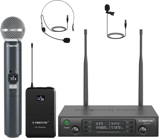 Draadloos microfoonsysteem – Draadloze microfoonset – Dubbel UHF microfoonsysteem – Microfoonset – Complete Set Met Handmicrofoon, Bodypack, Headset En Dasspeldmicrofoon – 2x100 Kanalen – 100 Meter Bereik