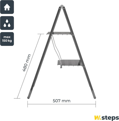 W.Steps 728502 Vikingstep Midi Zwarte aluminium trapladder, 480 mm hoog, belastbaar tot 150 kg, compacte aluminium vouwladder met 2 treden, slechts 35 mm breed