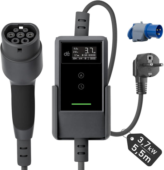 dé EV Charger Type 2 Schuko 3,7kW [5,5m, 1-Fase, 6-16A] Thuislader Type 2 met Digitaal Display, Instelbare Stroom, EV Oplader 3,7kW voor Model Y/3, ID.3/4, EX30, Enyaq en andere EV/PHEV