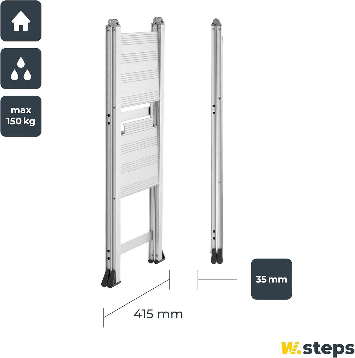 WIBE LADDERS Vikingstep Mini trapladder, 480 mm hoog, belastbaar tot 150 kg, compacte aluminium vouwladder met 2 treden, slechts 35 mm breed, 72814