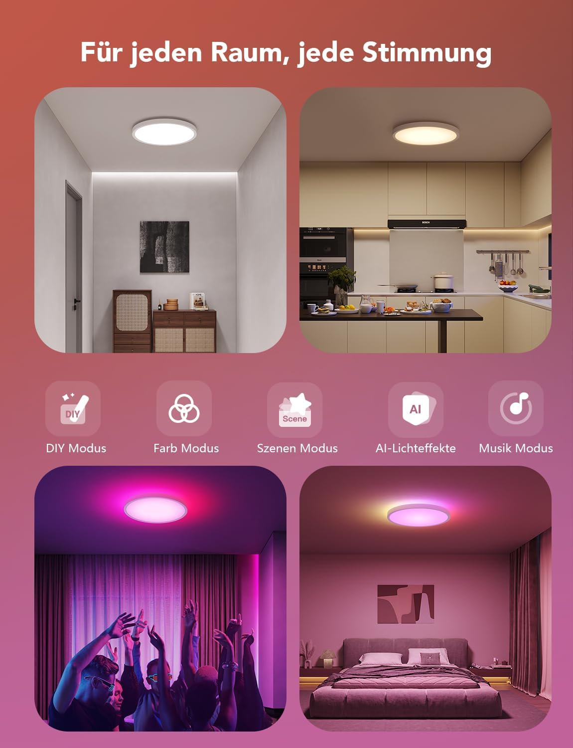 Govee Plafondlamp RGBIC Smart, 24 W, diameter 30 cm, dimbaar, led-plafondlamp, met 16 miljoen doe-het-zelf kleuren, werkt met Alexa en Google Assistant, plafondverlichting voor slaapkamer, 2 stuks