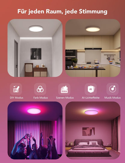 Govee Plafondlamp RGBIC Smart, 24 W, diameter 30 cm, dimbaar, led-plafondlamp, met 16 miljoen doe-het-zelf kleuren, werkt met Alexa en Google Assistant, plafondverlichting voor slaapkamer, 2 stuks