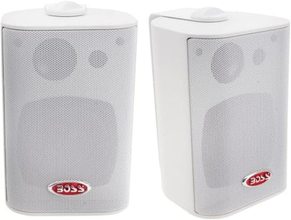 2 SPEAKERS BOSS AUDIO SYSTEMS MR4.3W 3-weg wit 100 watt rms 200 watt max waterdicht voor binnen en buiten + montagebeugels, een paar