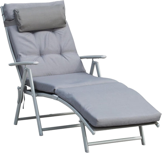 Outsunny Lounger with Cushion, Folding Beach Chair, Garden Chair, 7-Step Adjustable Backrest, Relax Lounger, Metal, Textilene, Grey, 137 x 63.5 x 100.5 cm - QUORE