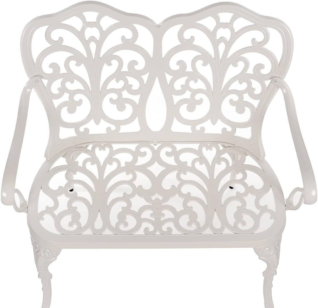 Butterfly Style Garden Bench Bistro Bench for 2 Cast Aluminum 100cm Bench Park Bench Garden Furniture (White) - QUORE