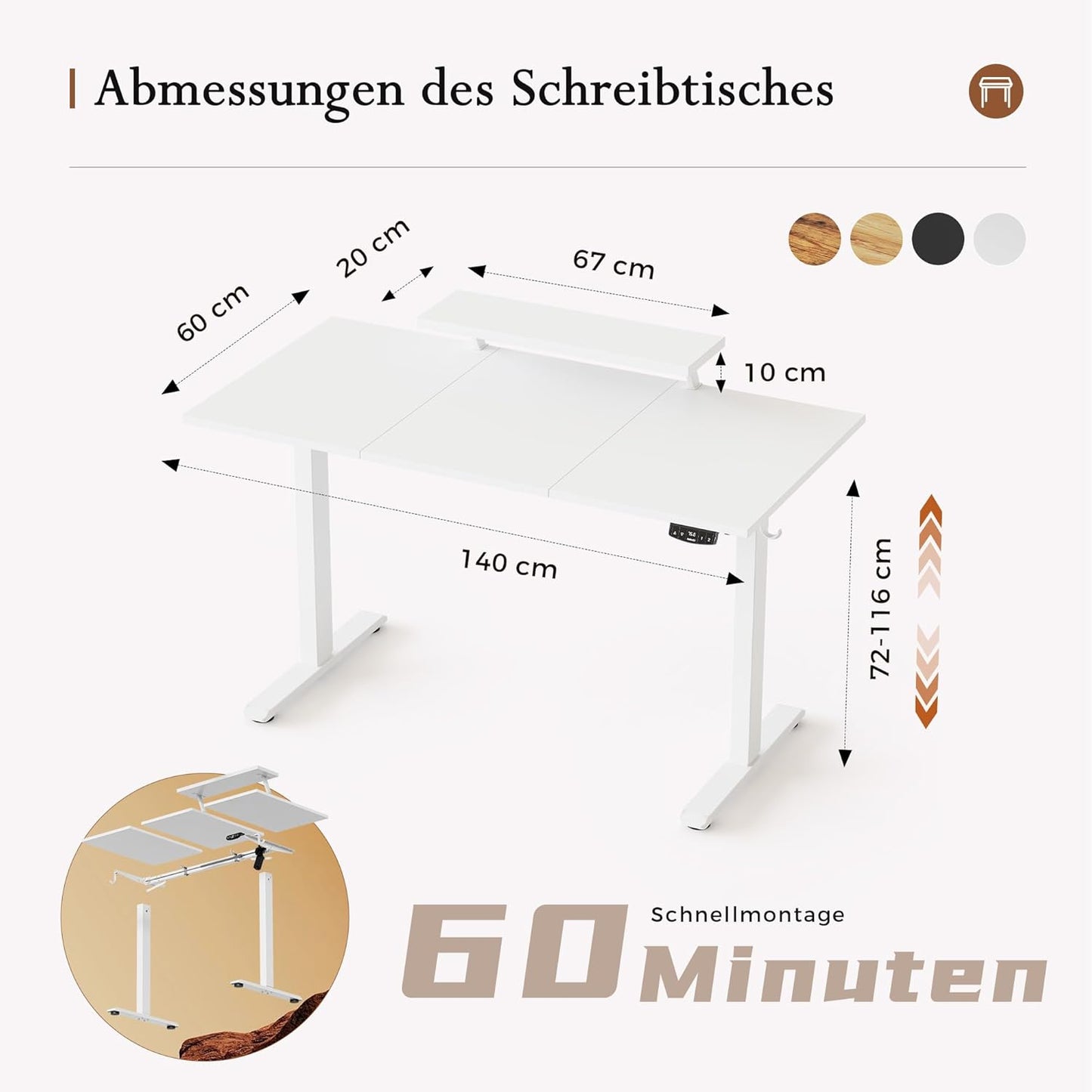 Klicelor In hoogte verstelbaar bureau met beweegbare monitorstandaard, 140x60cm, Zit-Sta bureaux met 2 geheugenknoppen, 3-delige tafelblad, Computertafel, Wit