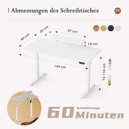 Klicelor In hoogte verstelbaar bureau met beweegbare monitorstandaard, 140x60cm, Zit-Sta bureaux met 2 geheugenknoppen, 3-delige tafelblad, Computertafel, Wit
