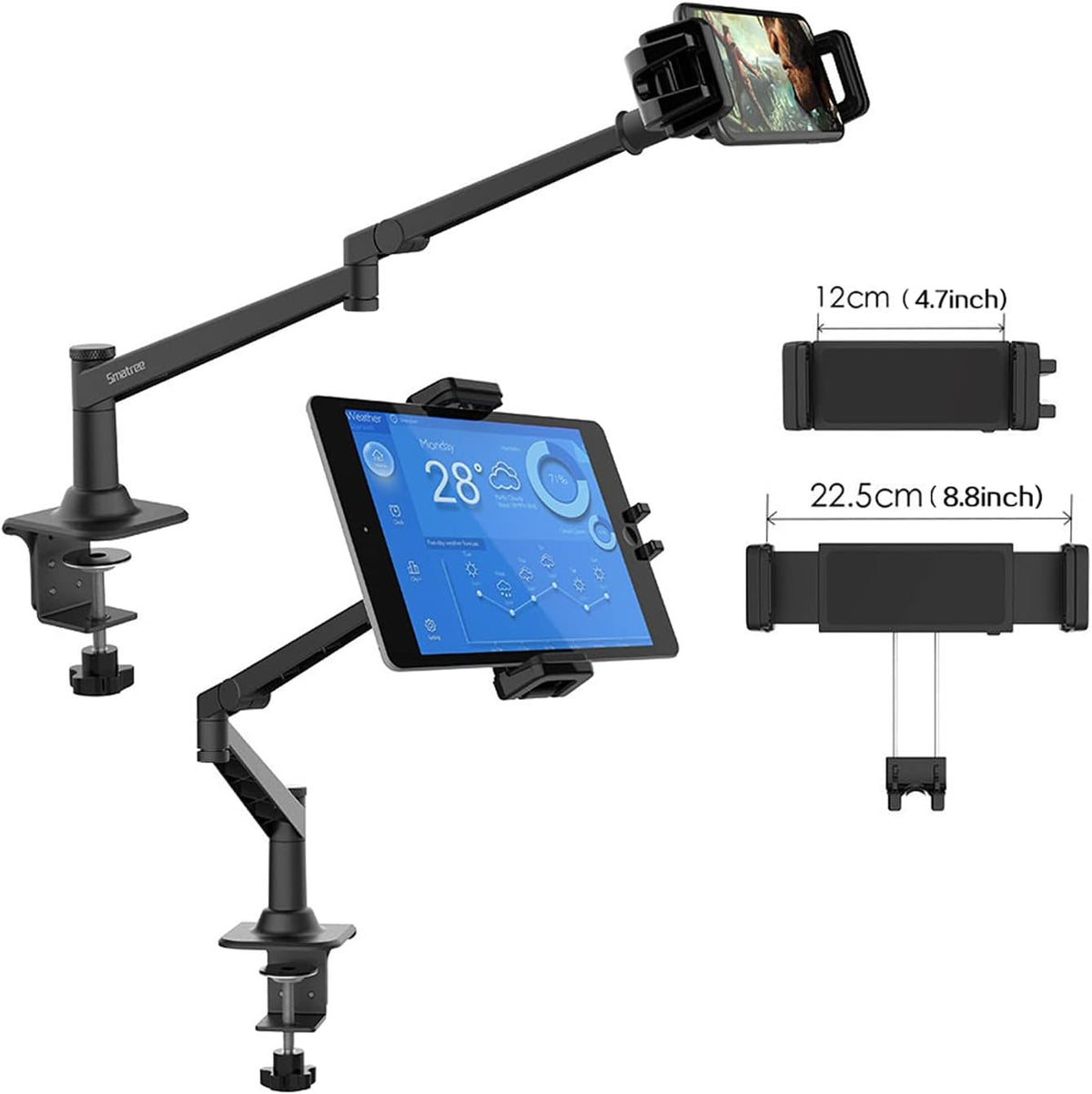 Smatree Tabletstandaard en telefoonhouder voor bureau, flexibele 360° tablethouder compatibel met 12,9 inch iPad Pro, iPad Mini/Air, iPhone 11, eBook Reader, Nintendo Switch, zwart