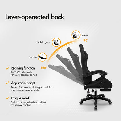 ALFORDSON Gaming Chair with Massage Lumbar Spinal Cushion, Ergonomic Gamer Racer Chair with Adjustable Backrest, Swivel Chair with Footrest, Height Adjustable, Black - QUORE