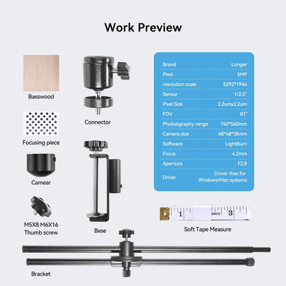Lasergraveercamera – Camerakit – Previewcamera – Time-lapsecamera – Bewakingscamera voor lasergraveerders – 5 MP – Realtime HD-opname