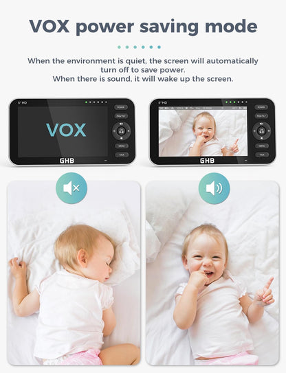 GHB Babyfoon met 2 camera's 5 inch 720P HD-display met tot 168 uur batterijduur in VOX-slaapmodus, tweerichtingscommunicatie, nachtzicht en temperatuurweergave