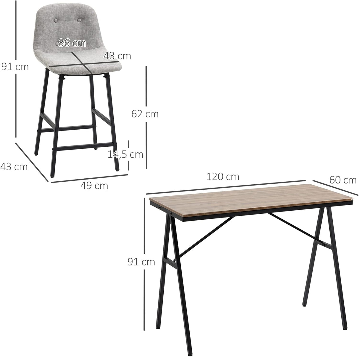 Bartafel – Barset – Keukentafel – Eettafel – Barkrukken – Industrieel Design – Gecoat Stalen Frame – Linnen Look Bekleding – 5-Delige Set – Grijs - QUORE
