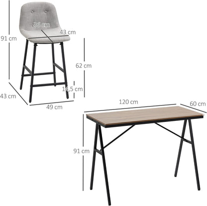 Bartafel – Barset – Keukentafel – Eettafel – Barkrukken – Industrieel Design – Gecoat Stalen Frame – Linnen Look Bekleding – 5-Delige Set – Grijs - QUORE