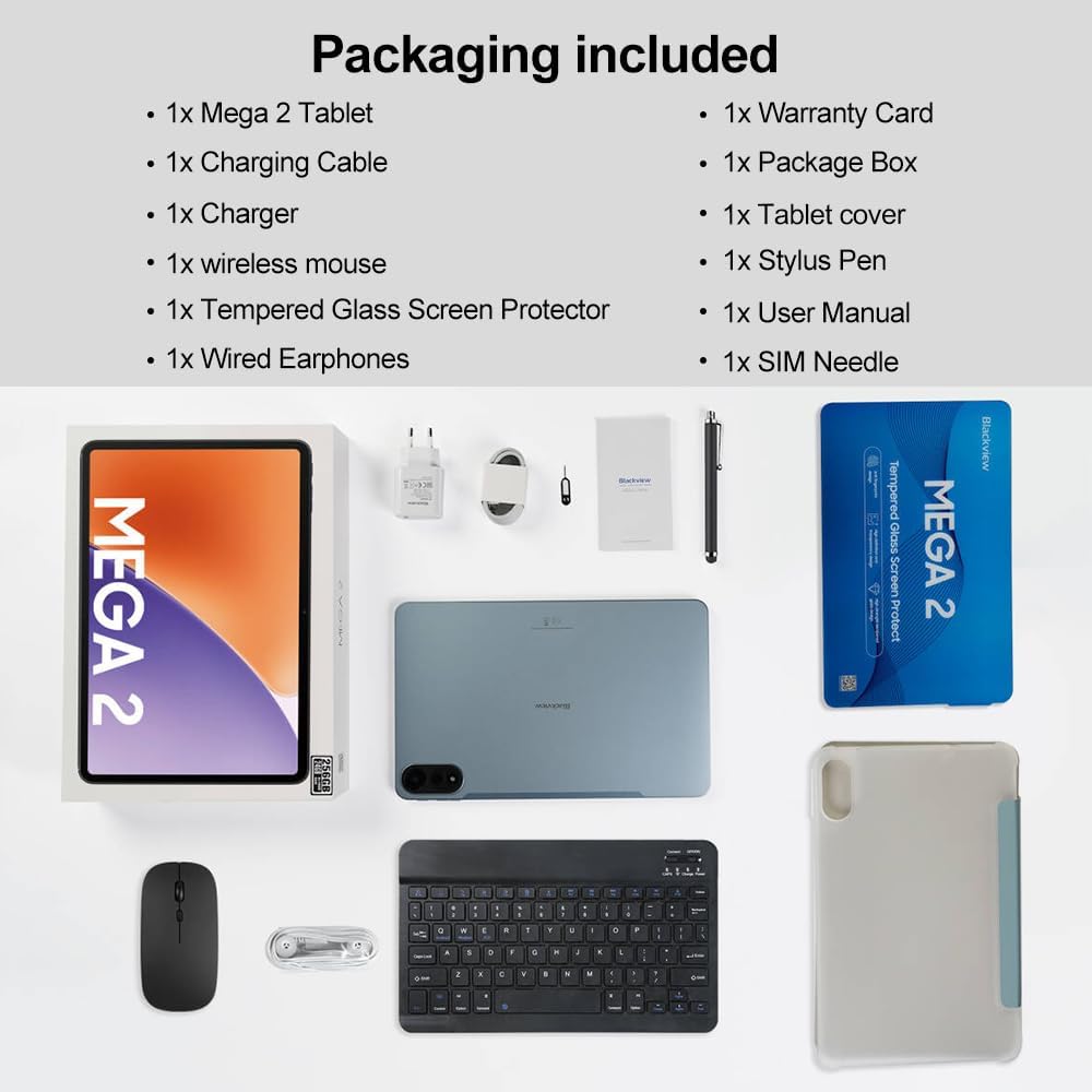 Blackview Mega 2 Android 15 Tablet 12 inch, 24 GB + 128 GB/2 TB uitbreiding, 2.4K FHD+ Gaming Tablet 4G LTE 5G WiFi, 16 MP + 8 MP, 9000 mAh, pc-mode, OTG, FM, hoes + intelligente pen + muis +