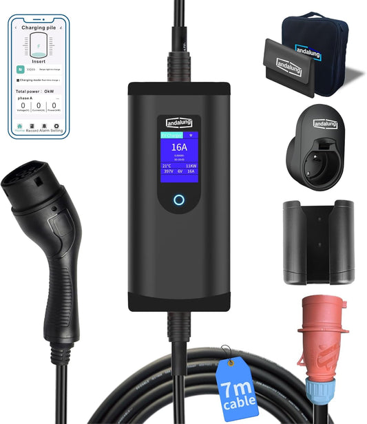 Draagbare EV-oplader, 11 kW, 3-fase, 6-16 A, met instelbare stroom, app-bediening, 7 m kap, IP65-bescherming, compatibel met alle PHEV/EV-voertuigen, wifi, bluetooth, rode CEE-stekker