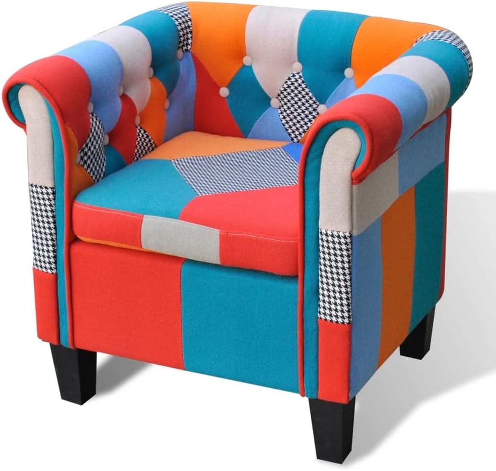 Leesstoel – Cocktailstoel – Gestoffeerde Stoel – Fauteuil – Patchwork Design – Ergonomische Rugleuning – Duurzaam Multiplex & Grenenhout