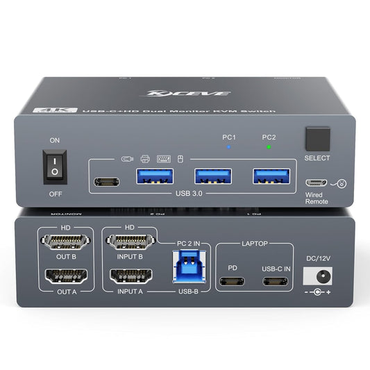 MLEEDA HDMI+USB C KVM Switch Dual Monitor 1 Laptop en 1 Desktop 4K@60Hz, USB C HDMI KVM Switch 2 PC 2 Monitor met 4 USB 3.0 Poort, 80W PD Opladen, Met Bedrade Afstandsbediening, USBC Kabel