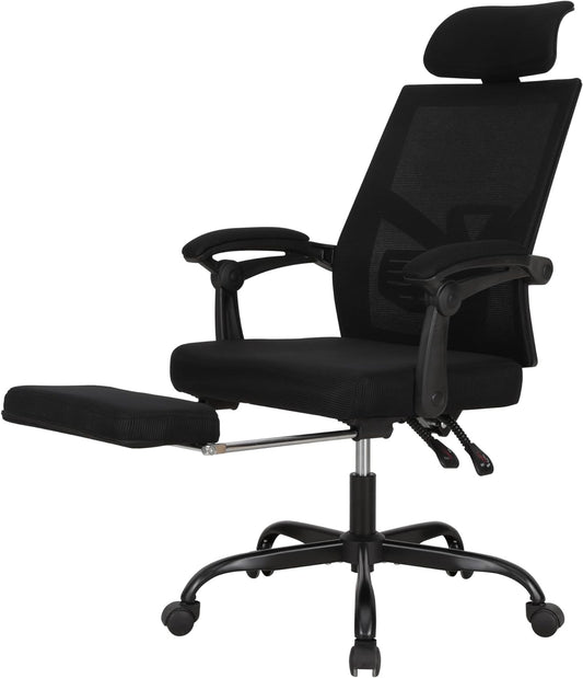Ergonomische Bureaustoel – Kantoorstoel – Werkstoel – Computestoel – Bureaustoel Met Voetensteun – Verstelbare Rugleuning En Hoofdsteun – Ademend Mesh Materiaal – Zwart