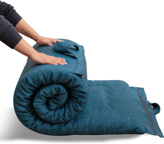 MAXYOYO Draagbare opvouwbare futonmatras, hypoallergene stof en schuimmatras met hoge dichtheid met handvat en rits, voor buiten, binnen, camping, gastenauto (blauw, 71 x 190 cm)