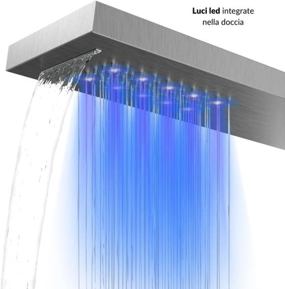Douchepaneel Shine staal 4 functies LED-licht display temperatuureffect regen waterval antikalk (geborsteld chroom)