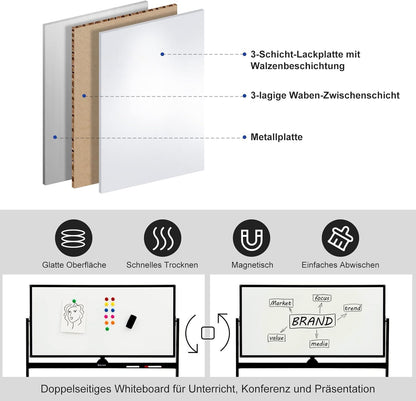FANTASK Mobiel whiteboard, 120 x 60 cm, dubbelzijdig magnetisch whiteboard met standaard en wielen, droog afwisbaar
