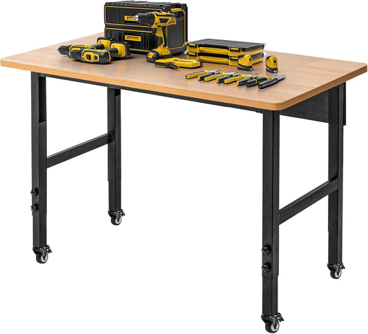 Verstelbare werkbank met wielen, oprolbare werktafel voor garage, grote capaciteit hardhouten werkbank, zware tafel voor workshop, kantoor, garage, thuis