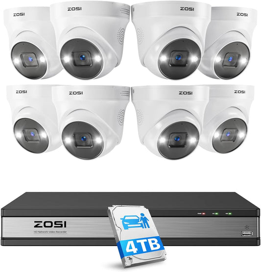 ZOSI 5MP Bewakingscameraset, Videobewaking met 8X 5MP PoE IP Camera en 16CH 4TB HDD NVR, Personendetectie en Voertuigdetectie C225