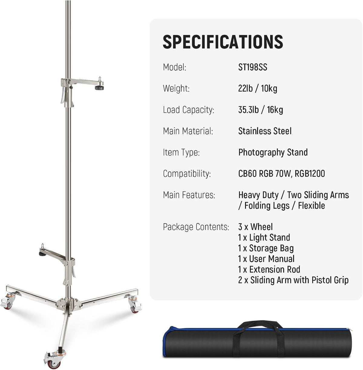 NEEWER 198 cm roestvrijstalen lichtstandaard, zware statiefstandaard met zwenkwielen, 2 glijarmen met pistoolgreep, opvouwbare poot voor fotografie, softbox monolight, max. belasting 16 kg, ST198SS