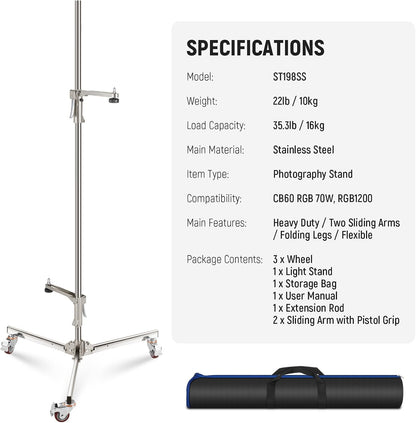 NEEWER 198 cm roestvrijstalen lichtstandaard, zware statiefstandaard met zwenkwielen, 2 glijarmen met pistoolgreep, opvouwbare poot voor fotografie, softbox monolight, max. belasting 16 kg, ST198SS