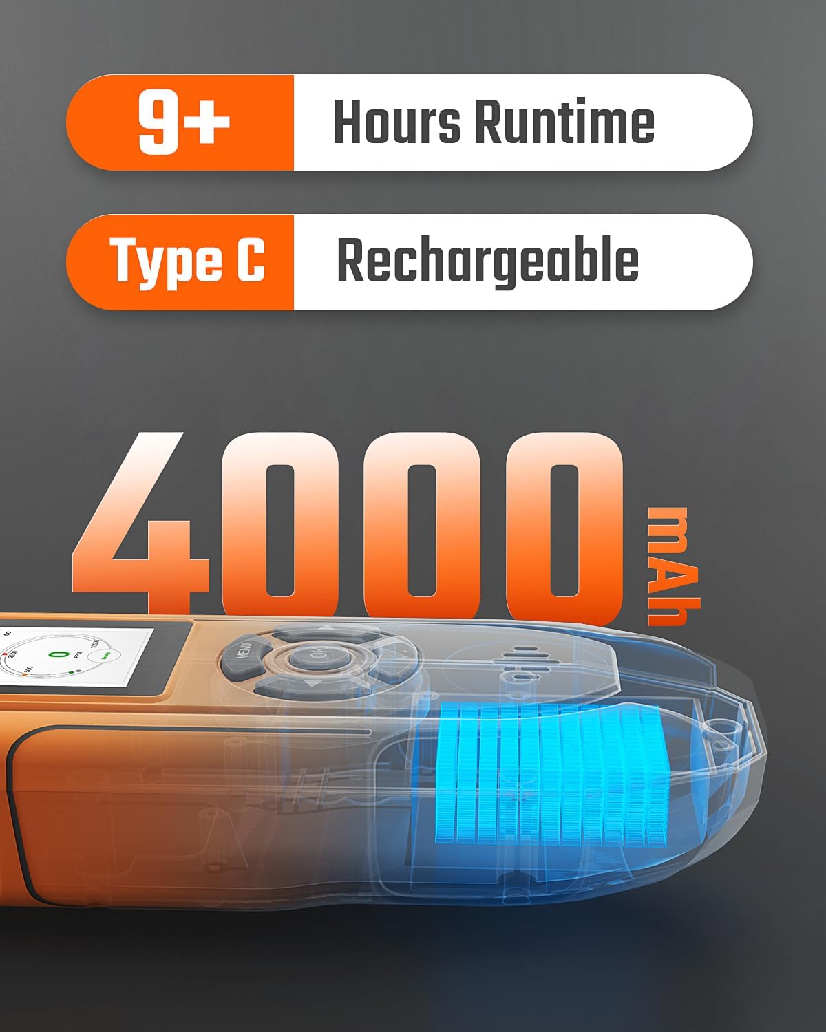 TopTes PT-990 Oplaadbare gaslekdetector met 28 cm flexibele sonde, detectiebereik 0-10.000 ppm, gegevensregistratie en 3 alarmsoorten, gasmelder voor propaan, methaan voor industrie, oranje