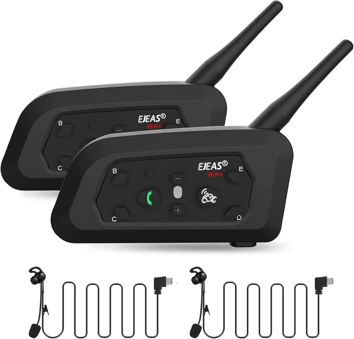 EJEAS V6C 2 stuks professionele voetbal scheidsrechter Bluetooth-intercom, 1200 m, voor 2 personen in duplex voor voetbal- en handbalscheidsrechters
