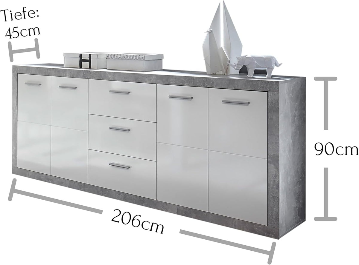 Stella Trading Stone commode met laden in betonlook, wit hoogglans - moderne commode met veel opbergruimte voor je woonkamer