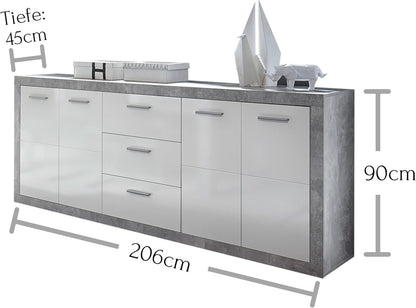 Stella Trading Stone commode met laden in betonlook, wit hoogglans - moderne commode met veel opbergruimte voor je woonkamer