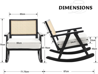 Chairus Upholstered Rocking Chair Living Room Relax Chair Faux Fur Rattan Backrest Rocking Chair Solid Wood Legs for Bedroom (Black)