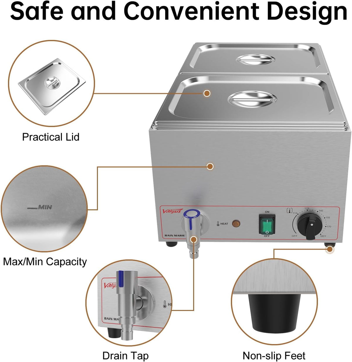 Valgus Bain Marie Roestvrijstalen voedselverwarmer, 2 secties, 20 liter, buffet, professionele roestvrijstalen stoomtafel met deksel en kraan, voor thuis en restaurants