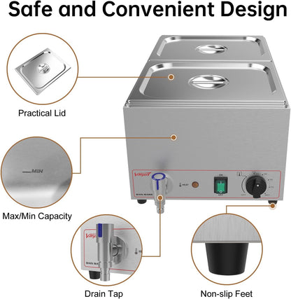 Valgus Bain Marie Roestvrijstalen voedselverwarmer, 2 secties, 20 liter, buffet, professionele roestvrijstalen stoomtafel met deksel en kraan, voor thuis en restaurants