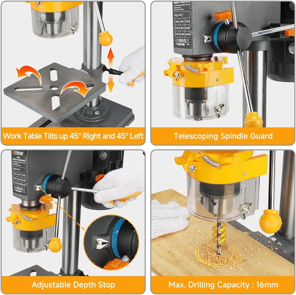Hoteche Kolomboormachine, werkbank, 500 W, 230 V, 9 toerentallen, 280-2350 omw/min, boordiameter max. 16 mm, 50 mm, afstand van de spindel MT2, ideaal voor nauwkeurige boorwerkzaamheden