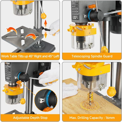 Hoteche Kolomboormachine, werkbank, 500 W, 230 V, 9 toerentallen, 280-2350 omw/min, boordiameter max. 16 mm, 50 mm, afstand van de spindel MT2, ideaal voor nauwkeurige boorwerkzaamheden