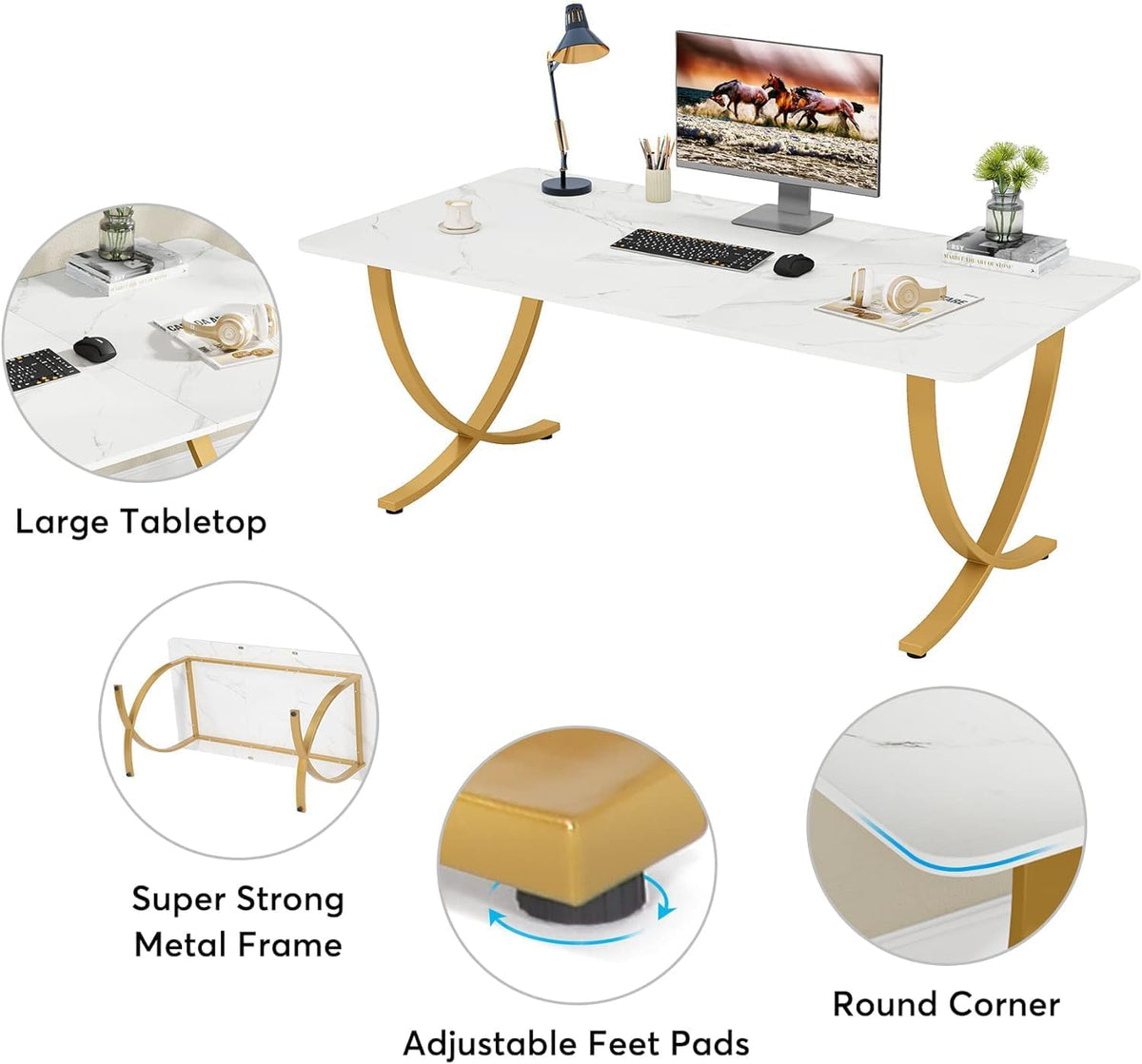 Tribesigns Desk, Computer Table, 160 x 80 x 75 cm, Modern PC Table, Work Table, Dining Table with Artificial Marble Tabletop and Metal Legs for Home Office, Conference Table, White and Gold