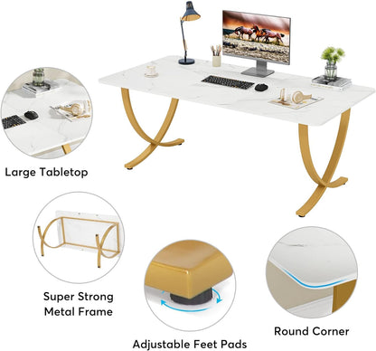 Tribesigns Desk, Computer Table, 160 x 80 x 75 cm, Modern PC Table, Work Table, Dining Table with Artificial Marble Tabletop and Metal Legs for Home Office, Conference Table, White and Gold