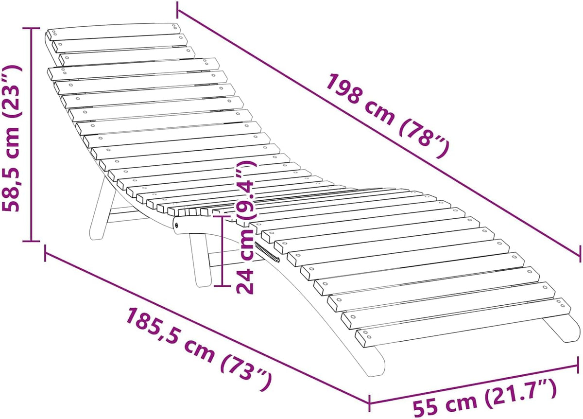 vidaXL Foldable Sunbed Without Table 184 x 55 x 59 cm Brown Solid Teak Wood Foldable Weatherproof For Outdoor Garden and Terrace For Summer and Spring Natural Rustic Style Adjustable - QUORE