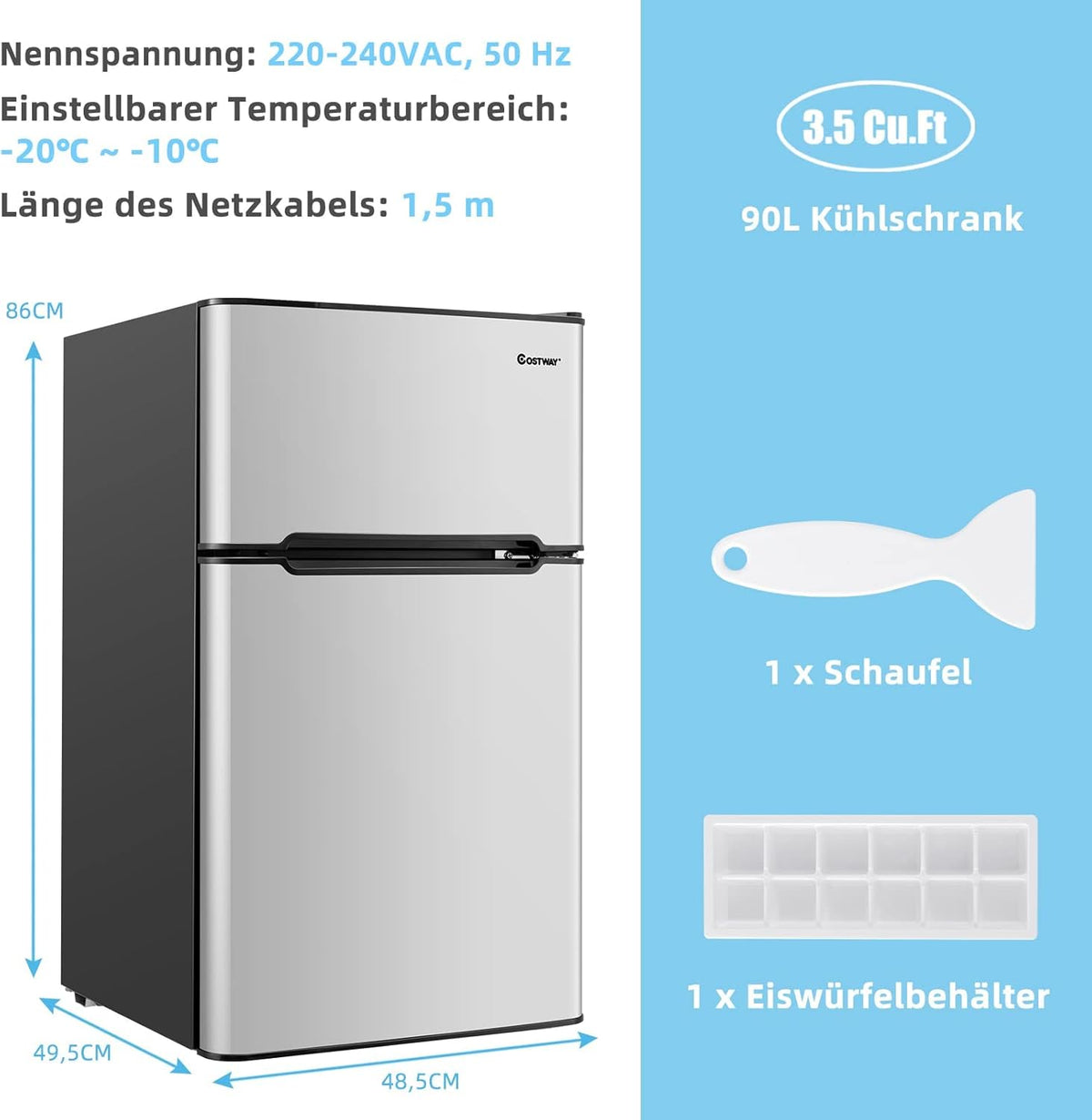 FANTASK 90 l vriezer met 27 l vriesvak, koel-vriescombinatie koelkast, mini-staande koelkast (grijs) [energieklasse E] - QUORE